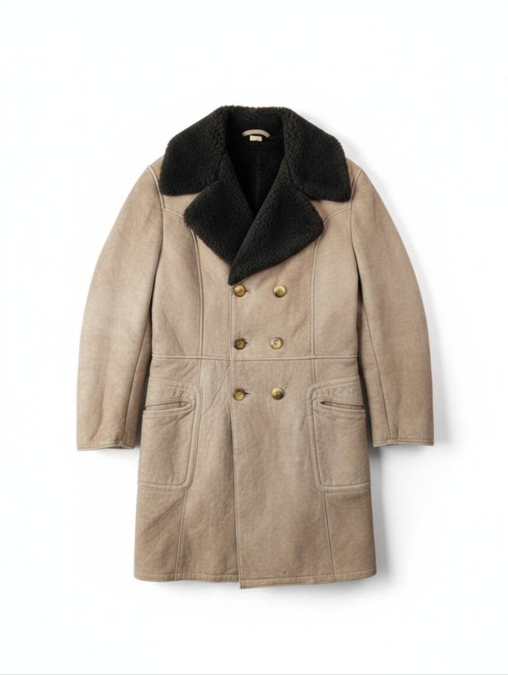 Vintage Genuine Shearling Sheepskin Double Breasted Long Coat Brown Size 44